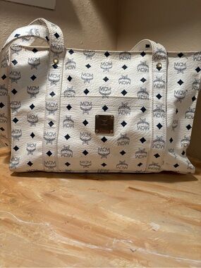 MCM White Logo-Print Canvas Tote with Black Accents